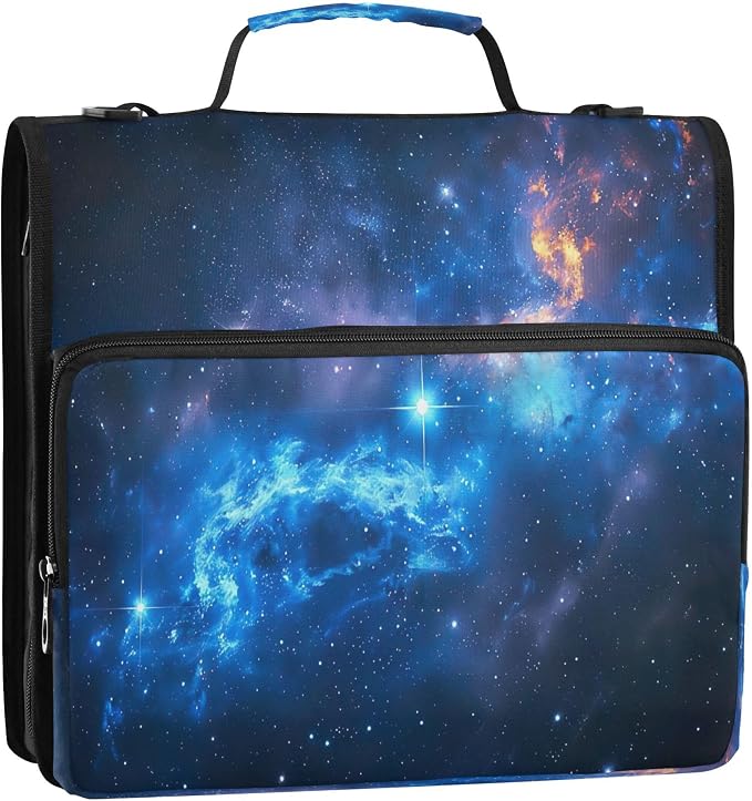 3 Ring Zipper Binder Galaxy Binder Organizer Portfolio with File and Shoulder Strap & Handle Large Capacity File Folder