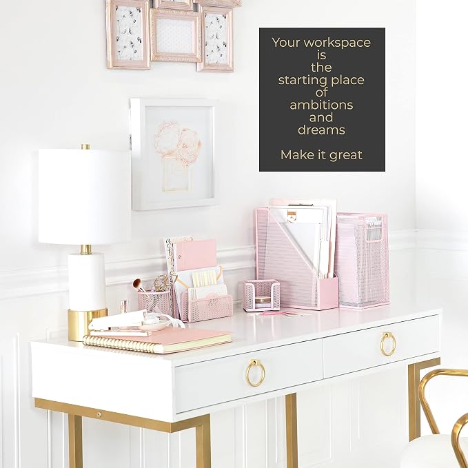 BLU MONACO | Pink Desk Organizer Set | 5 Piece Metal Office Desk Organizer with Hanging File Holder, Magazine Organizer, Pen Cup, Sticky Note Holder, Letter Sorter | Desk Organizers and Accessories