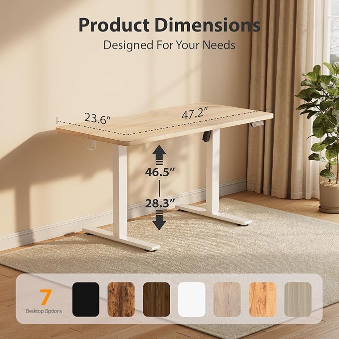 Cubiker Standing Desk, 48x24 Inches Sit Stand Home Office Desk, Electric Stand up Desk, Adjustable Desk with Splice Board, White Frame/Maple Top