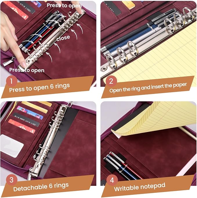 A5 Binder 6 Ring with Zipper, Portable Planner for Travel & Study | Faux leather A5 planner with detachable 6 rings, lined pages, pouches, card slots and pen holder for daily use.