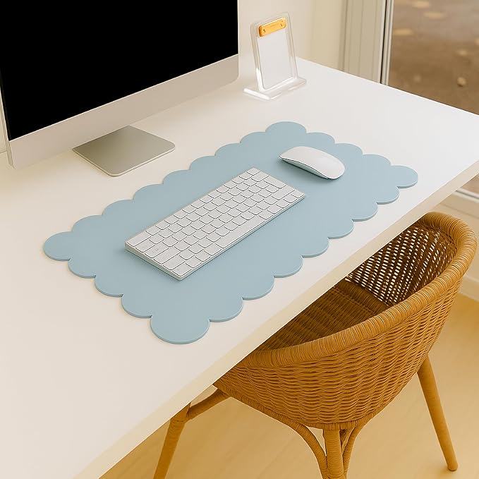 Orelle Scalloped Desk Mat | Vegan Leather Desk Mat for Keyboard and Mouse, Laptop, Makeup Vanity | Computer Desk Pad Mat | Office Desk Cover Mat | Desk Blotter Mat | 30 x 15” | Blue