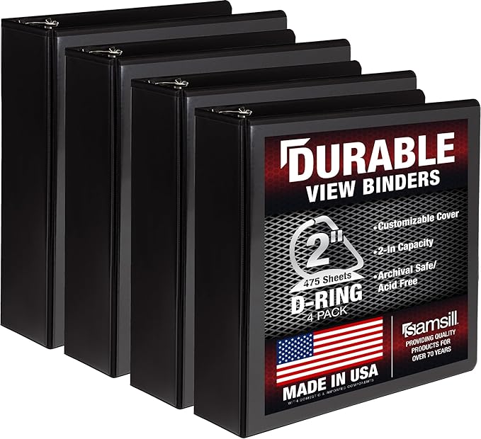 Samsill Durable 2 inch 3 Ring Binder, D Ring Binder, 100% Recycled Chipboard, Black, 4 Pack
