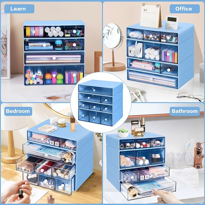 Desk Storage Organizer with 9 Drawers, 4 Tiers Stackable Desktop Craft Storage Drawers, Clear Storage Box Caddy for Stationary Makeup Jewelry Office Craft Supplies (Blue)