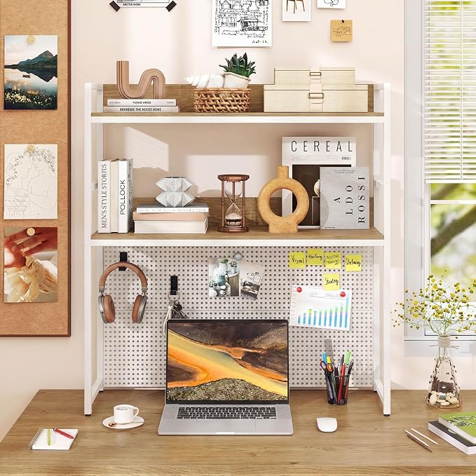 Giantex Desktop Bookshelf, 2-Tier Desk Hutch Dorm with Pegboard for up to 32" Computer Monitor, Industrial Countertop Storage Organizer Rack, Desk Shelf for Home Office (Natural)