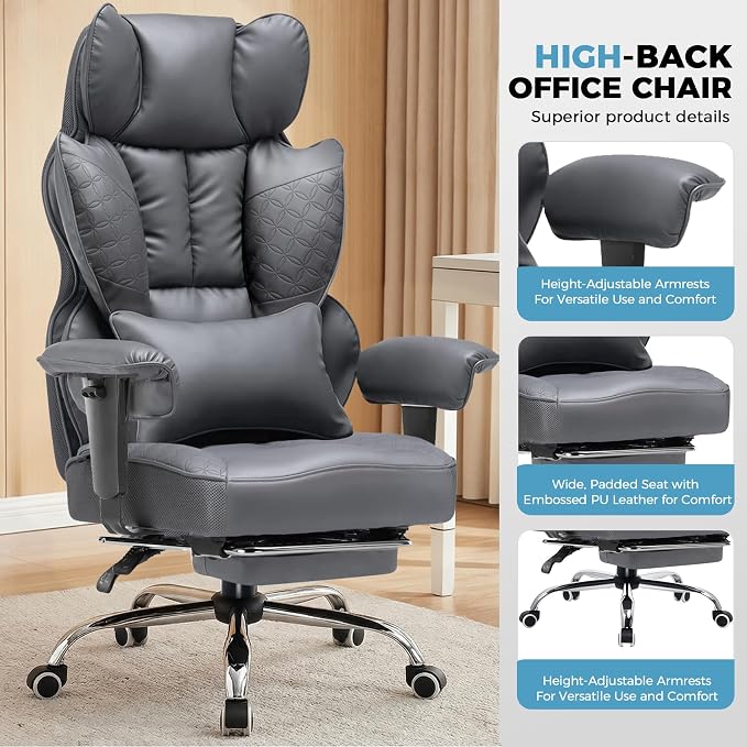 COMHOMA Big and Tall Office Chair Heavy Duty Wide Ergonomic Gaming Chair with Deluxe Embossing Designed Leather with Foot Rest,150°Reclining Adjustable Armrests Pocket Spring Back Support and Pillow