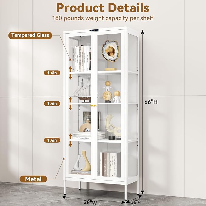 Polup 66" White Glass Display Cabinet with 8-Color LED for Collectibles | Metal Frame & Tempered Glass Doors, Motion Sensor LED, 3 Adjustable Shelves, 4-Tier Space, for Indoor Plants & Figures