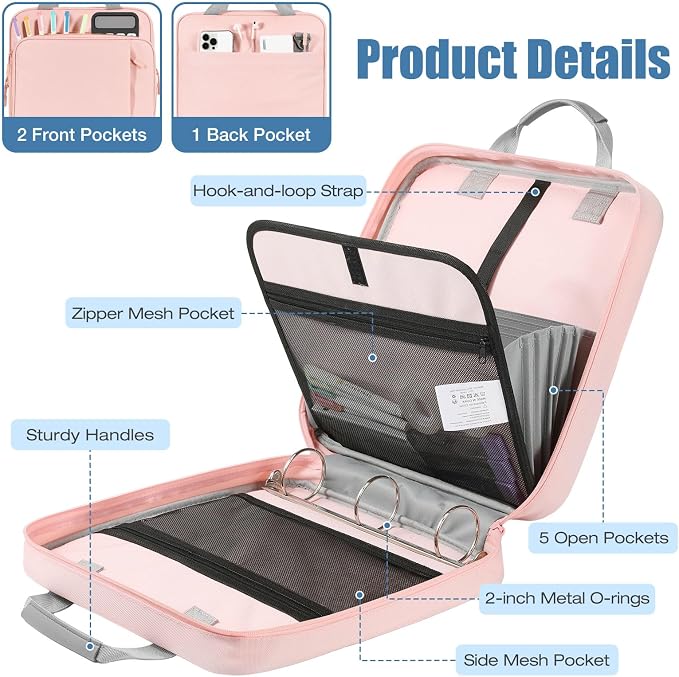 MoKo Zipper Binder, 2 Inch 3 O Ring, 5 Tab File Folders, 500 Sheets, Pink | Water-repellent 900D Oxford with five file pockets, two mesh pockets, a handle and padded shoulder strap.