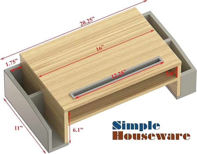 Simple Houseware Desk Monitor Stand Riser w/ Adjustable Tray, Oak | Built-In Tablet Slot and Side Storage