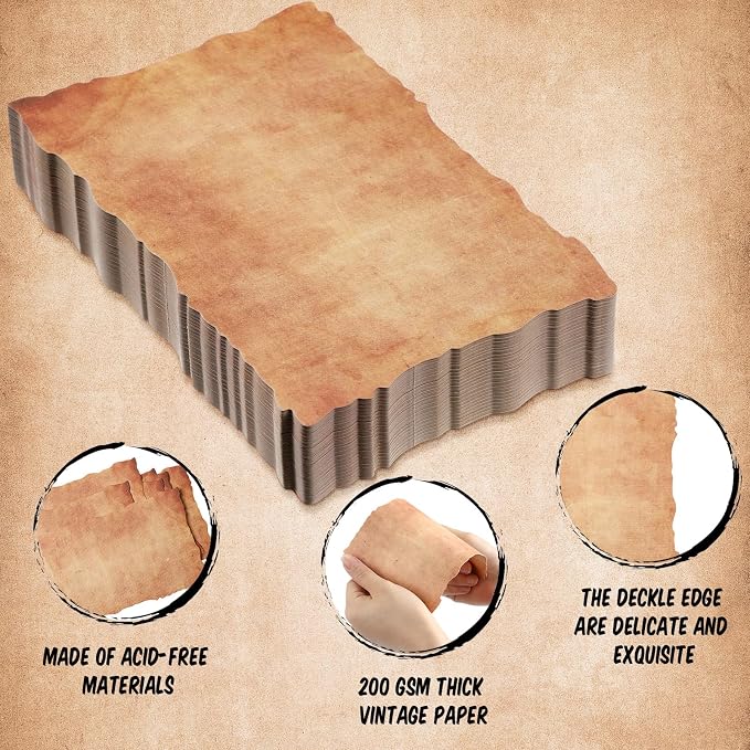 Harloon 100 Pcs Vintage Paper Old Looking Cotton Stationery Paper, 4x6 Inch | 200 Gsm Thick Cardstock Blank, Antiqued Watercolor Deckle Edge, for Invitations Drawing Writing Printing Invitations Crafts
