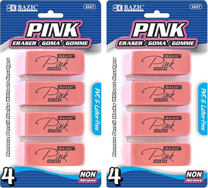 BAZIC Products Pink Bevel Block Erasers, 4 Count, 2-Pack