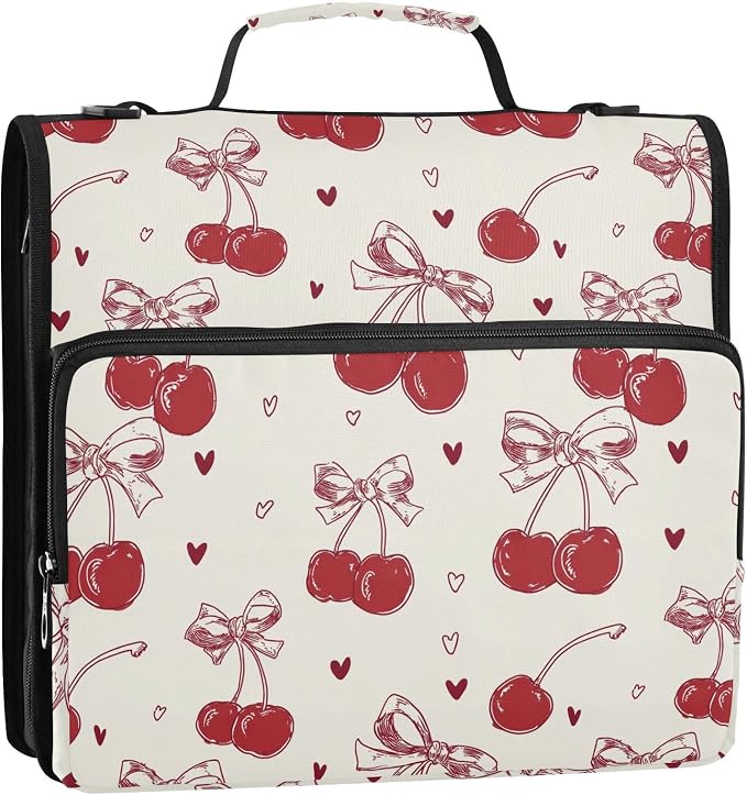 3 Ring Zipper Binder with Shoulder Strap Red Bow Cherry Love 2 Inch Zippered Binder Bag 500 Sheet Capacity Multi Pockets for School Supplies