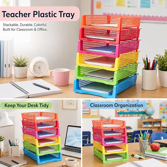 ZZYFGH 6 Pack Turn in Trays Classroom, Colorful Turn in Trays for Teachers, Plastic Classroom Paper Organizers, Stackable Tray for Classroom, Library, Drawers, Office Desk (13.4 * 9.5 * 2.7in)