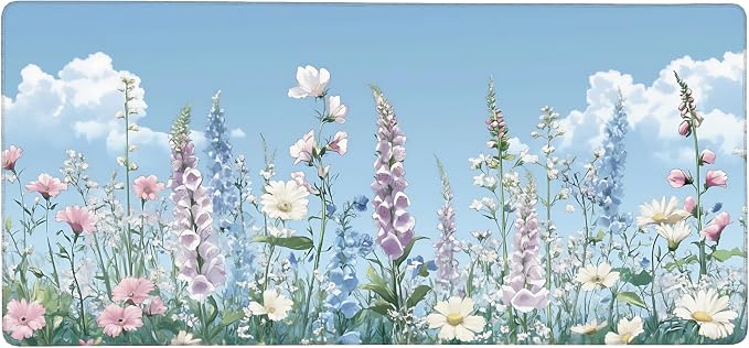 Cute Floral Aesthetic Wildflower Gaming Mouse Pad, Sky Blue Anime Desk Mat with Anti-Slip Base & Stitched Edges,35.4" x 15.7" in Desk Accessories for Women, Home Office Decor & Artistic Gift
