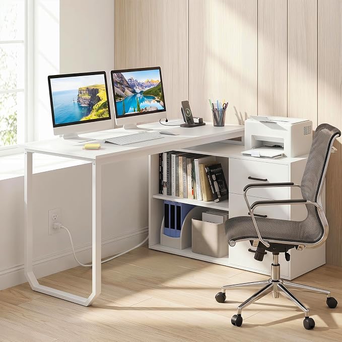 GIANTEX 55 Inch L-Shaped Desk with Charging Station, Reversible Computer Desk with 3 Drawers, Adjustable Shelf, Large Computer Workstation, Corner Desk for Small Spaces, Home Office (White)