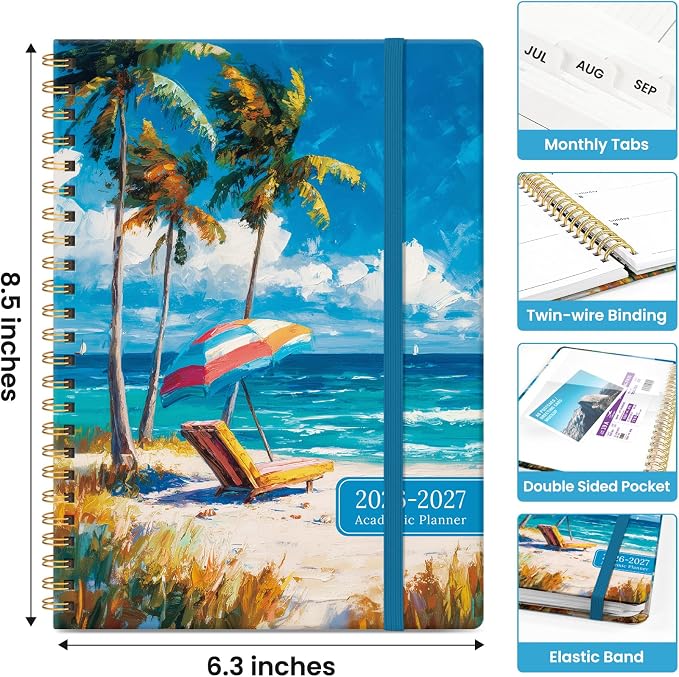Planner 2026-2027, Monthly & Weekly Jul 2026-Jun 2027 Calendar Book | 6.3" x 8.5", Hardcover Spiral Planner with Tabs, School & Daily Pretty Agenda for Women, Students, Teachers, Coastal Breeze