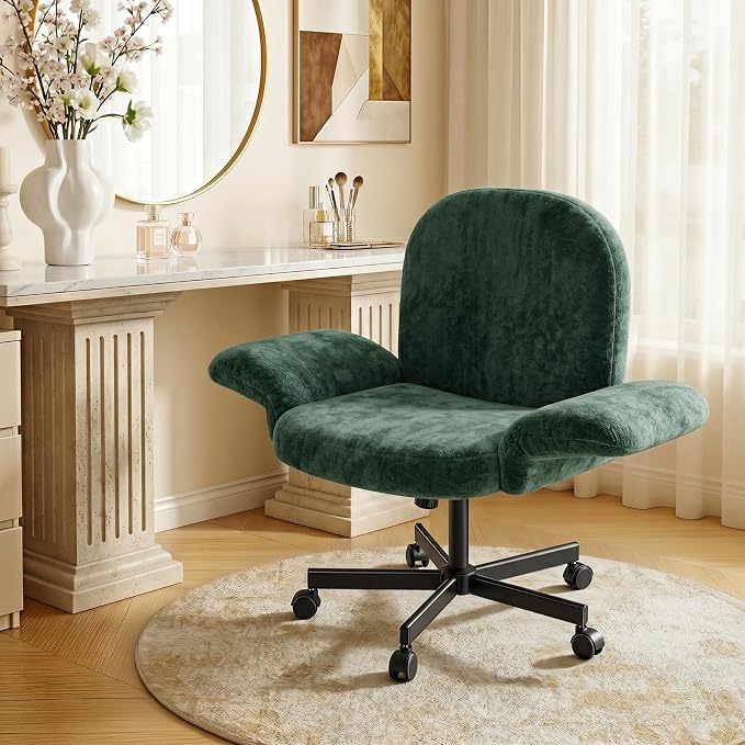 Marsail Criss Cross Office Chair with Adjustable Armrests & Wheels, Vanity Chair with Wide Cushion, Reclining Back, Soft Chenille Fabric, Desk Chair for Home Office, Makeup Room, Bedroom, Green