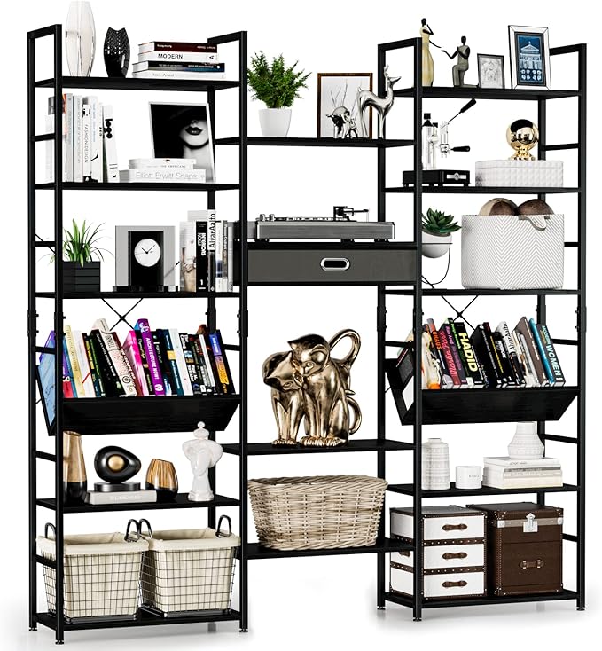 NUMENN Triple Wide 6 Tier Bookshelf, Adjustable Rustic Industrial Style Book Shelves, Modern Bookcases and Bookshelves Furniture for Bedroom, Living Room and Home Office, Black