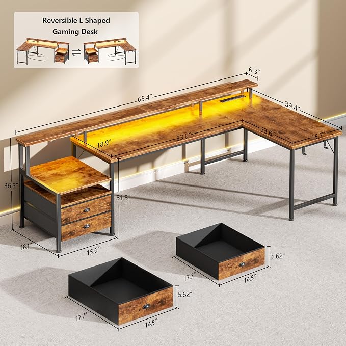 Korfile 66" L Shaped Computer Desk,Power Outlets,LED,Drawers,Rustic Brown | 66 inch L shaped Computer Gaming Desk with Power Outlets,Reversible Corner Design with Drawers,LED Lights,Office Gaming Work