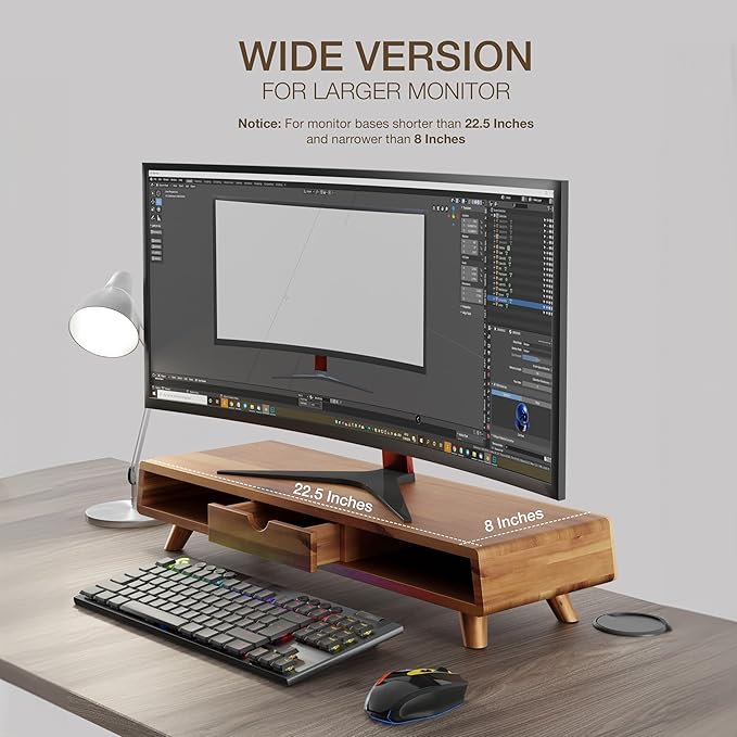 Tinamo Acacia Monitor Stand with Drawer, Multi-Purpose Storage (Patented) | Acacia Wood, Fits Monitors up to 32", Built-in Drawer, Hidden Storage, Non-slip, Round Edge, Ergonomic Height, Easy Assembly