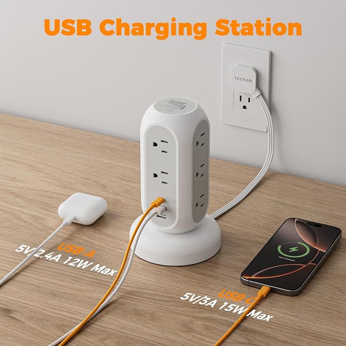 TESSAN Tower Power Strip Flat Plug with 1050J Surge Protection, 5 Ft, Grey | 11 Outlets 3 USB (1 USB C), Surge Protector Power Tower, Retractable Extension Cord with Multiple Outlets for Dorm, Office