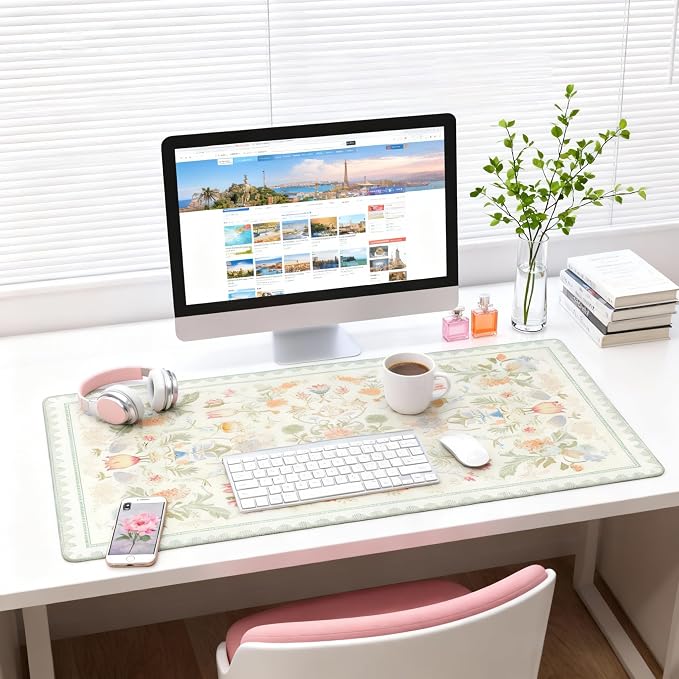 Sage Green Floral XXL Desk Mat - Cute Large Mouse Pad with Stitched Edges & Anti-Slip Base for Computer, Keyboard, Laptop | Aesthetic Office Supplies & Desk Decor for Women, Home, Office