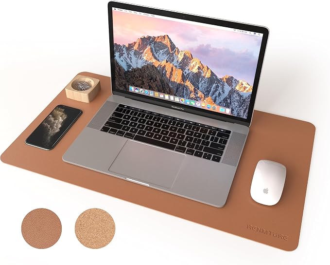 RENMTURE Dual-Sided Mouse Pad, Natural Cork & PU Leather Large Desk Pad for Office and Home Work, Desk Protector Non-Slip, Waterproof, Easy Clean (Brown, 23.6" x 13.7")