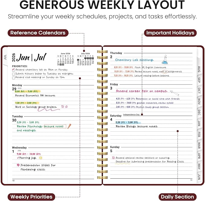 Taja Planner 2026-2027, 6.3" x 8.5" Calendar Planner, Jul 2026-Jun 2027 | A5 Hardcover Weekly & Monthly Academic Year Planner, Large Planning Agenda With Tabs, School & Office Supplies, Burgundy