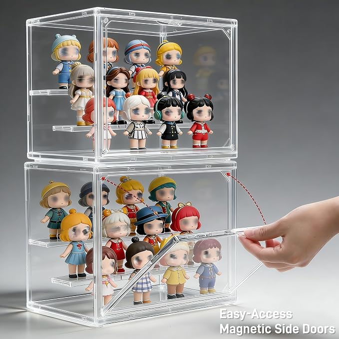 2 Pack Clear Acrylic Display Case, 3 Tier Small Adjustable Display Box, Collectible Showcase with Magnetic Door, Figure Storage Shelf, Stackable Purse Organizer for Closet, Book, Cosmetic