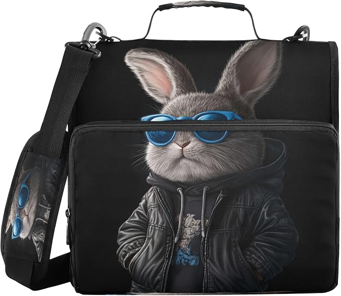 3 Ring Zipper Binder Cool Bunny Binder Organizer Portfolio with File and Shoulder Strap & Handle Large Capacity File Folder
