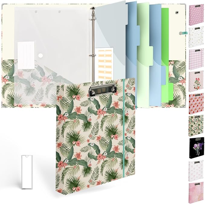 3 Ring Binder 1 inch with Clipboard - Tropical Palm Leaf Design, Includes Dividers, File Bag & Spine Label - Perfect for School, Office, and Organization, Holographic Waterproof Film