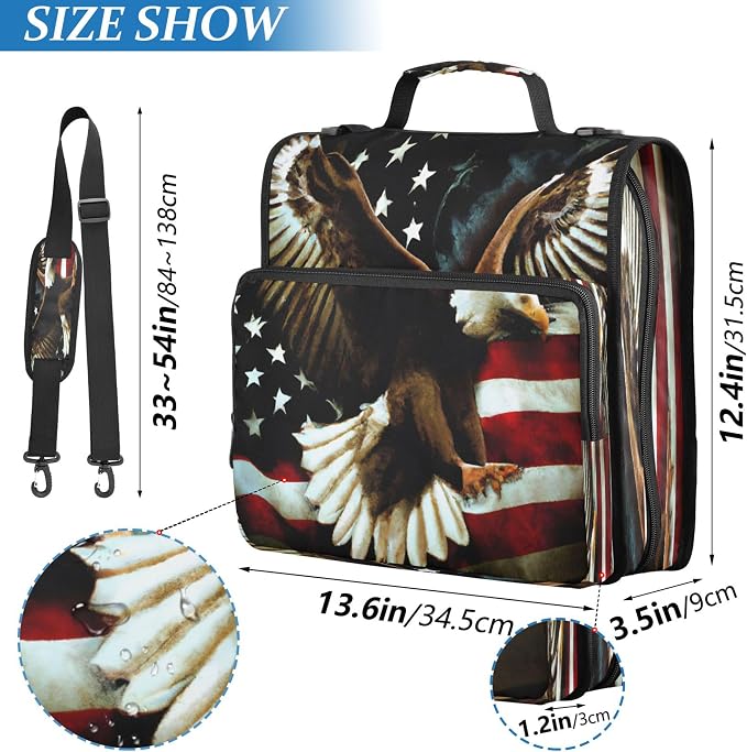 3 Ring Zipper Binder Patriotic American Theme Trapper Keeper Binder Organizer Portfolio with File and Shoulder Strap & Handle Large Capacity File Folder
