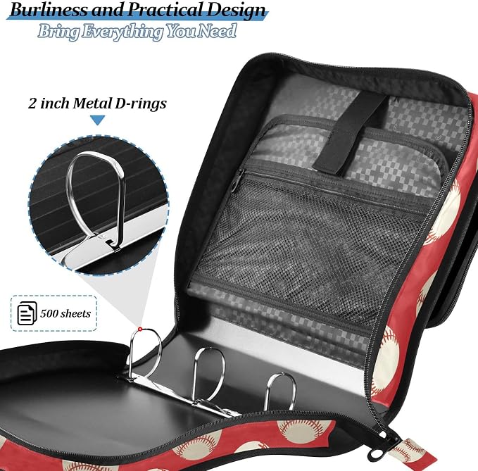 Baseball Balls Red 3 Ring Binder Bag 1.5 inch Binder Organizer with Zipper Shoulder Strap 500 Sheet Documents Storage for School Office