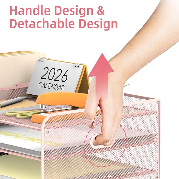 Mesh Desk Organizer with File Holder, 5-Tier Paper Letter Tray Organizer with Magazine Holder, Desktop Organizer and Storage with Drawer for Office Supplies Home or School (Pink) | Two side magazine holders and a bottom drawer store papers, folders, no...