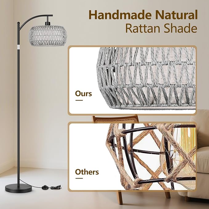Rattan Floor Lamps for Living Room, Boho Standing Lamps with Grey Rattan& Linen Double Shades, Arc Lamps Floor Standing with 9W Bulb, Foot Switch, Bohemian Floor Lamps for Bedroom, Office-black