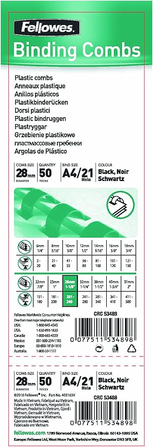 Fellowes 28 mm A4 Plastic Binding Combs - White, Pack of 50