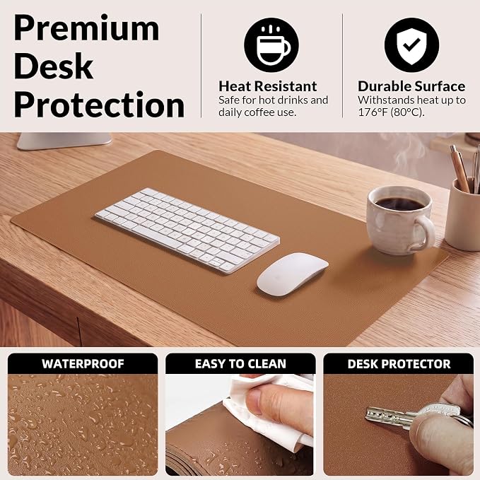 AFIING Leather Desk Mat, Brown, 23.6" x 13.8", Desk Pad Protector | Dual-Sided & PU Leather, Waterproof, Non-Slip for Mouse Pad, Writing, Home Office& Laptop