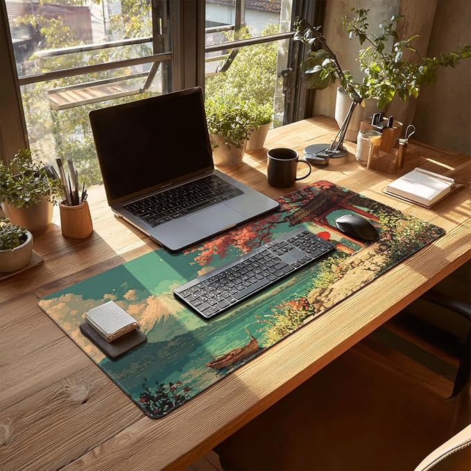 31.5x15.7 Inch Cherry Blossom Japanese Mouse Pad, Large Extended Desk Mat | Pink Double-Sided Design with Stitched Edges, Waterproof Non-Slip Keyboard Mouse Pad for Gaming, Office & Laptop Setup