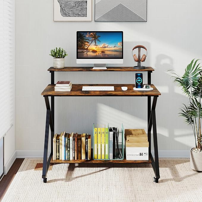 Giantex Rolling Computer Desk with Charging Station, Mobile Portable Laptop Desk with Monitor Stand & Storage Shelf, Small Desk with Lockable Wheels for Small Spaces, Home Office (Rustic Brown)