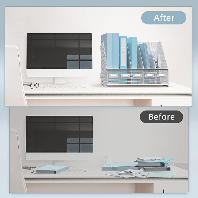 Desk Organizers Metal Desk Magazine File Holder with 5 Vertical Compartments Rack File Organizer for Office Desktop, Classroom, Home Workspace, White