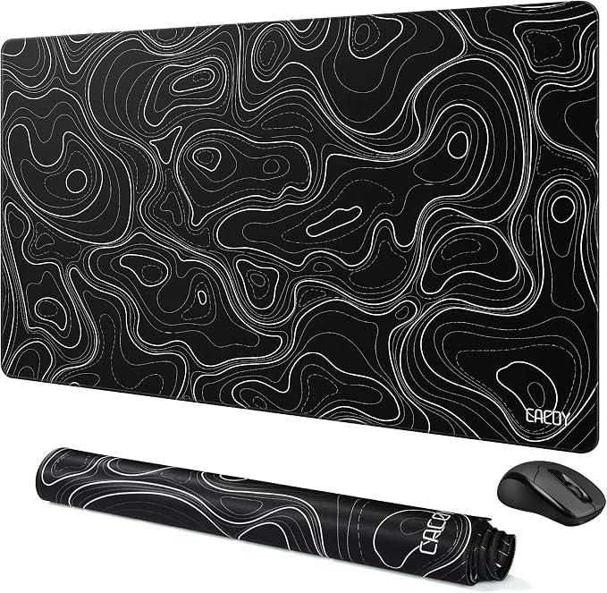 Cacoy 36" x 20" Black Topographic Gaming Mouse Pad Large Computer Mouse Mat | Extended Contour Line Keyboard Mouse Mat XXL Stitched Edges Desk Mat for Office Home Non-Slip Rubber Base Full Desk Mousepad