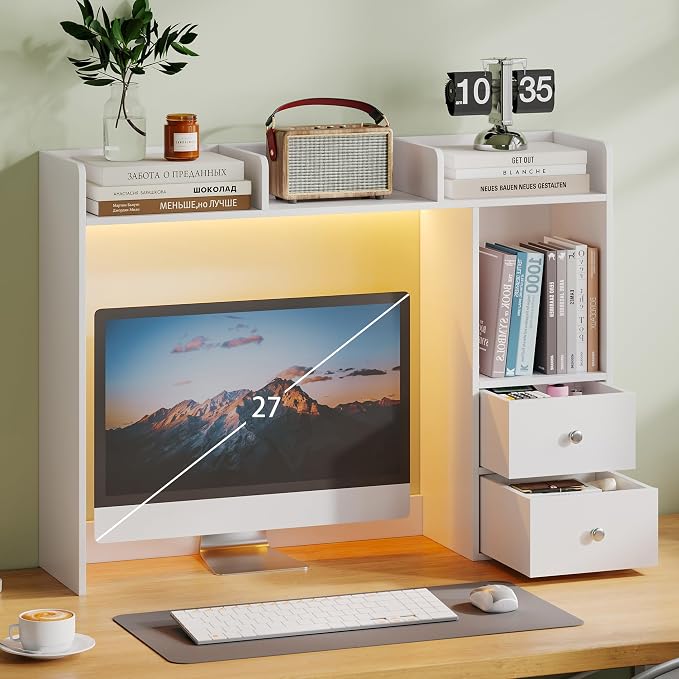 ChooChoo Desktop Bookshelf with LED Lights and 4 Shelves | 36.6", 2 Drawers, Fits 27" Monitor, Desk Organizer Shelf, Dorm Office Home, White
