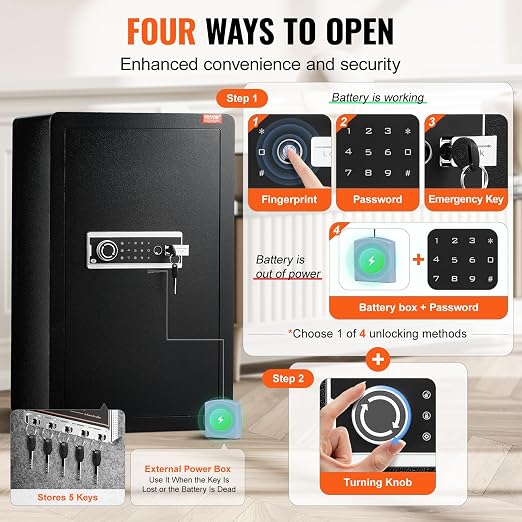 VEVOR Single Door 4.0 cu.ft Safe Box with Key Lock, Password & Fingerprint, Safe Lock Box with Fireproof Bag, Key Rack, LED Light, and 2 Shelves for Money, Documents, Jewelry, and Valuables, Black