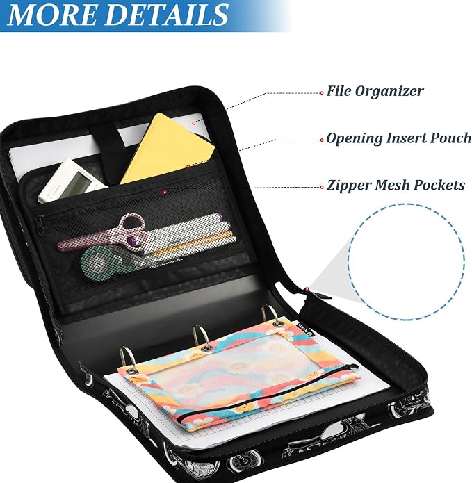 Fisyme Black White Motorcycles Zipper Binder 3 Ring with Zipper and Shoulder Strap Large Capacity Multi-Pocket Binder Organizer