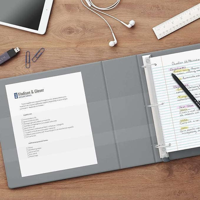 Staples Heavy‑Duty 1‑Inch 3‑Ring View Binder with D‑Rings, 4 Interior Pockets for Office & School Organization, Gray, 3‑Pack