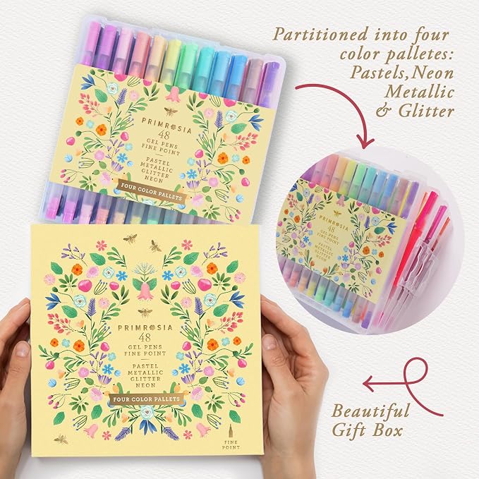 Primrosia 48 Gel Pens, inc. Metallic, Pastel, Glitter & Flourescent for Adult Coloring Book & Dot Grid Journal Pens. No-Bleed-Through in a Variety of Shades, 7.5x More Ink Fine Point Markers Set