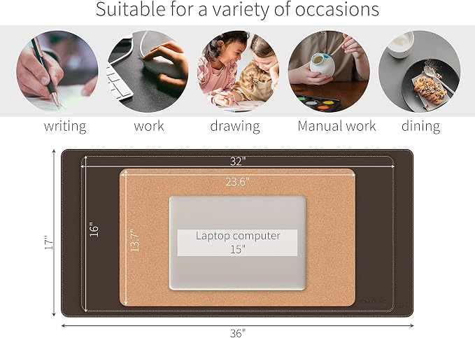 RENMTURE Dual-Sided Mouse Pad, Natural Cork & PU Leather Large Desk Pad for Office and Home Work, Desk Protector Non-Slip, Waterproof, Easy Clean (Dark Coffee, 32"x16")