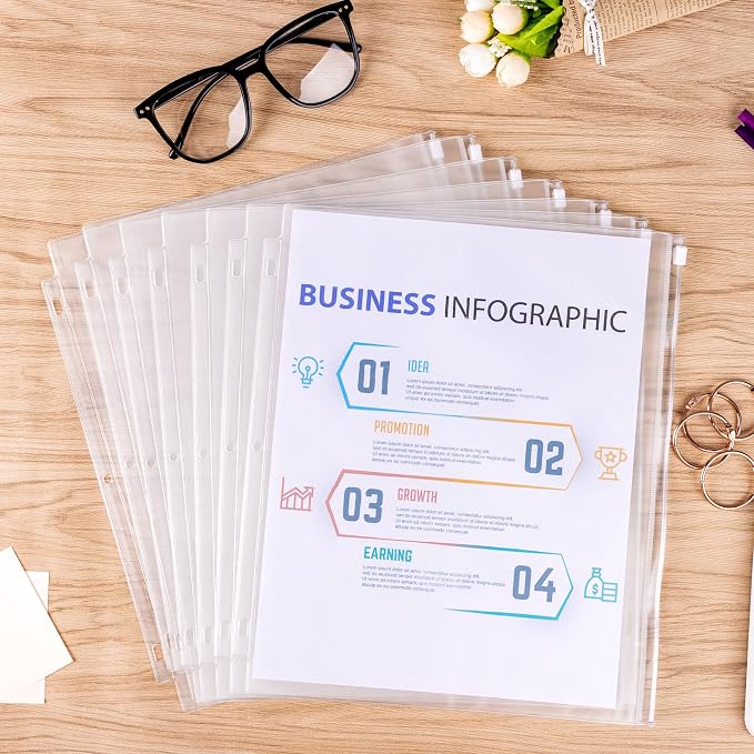 18 Pack Clear Letter Size Binder Pockets 3 Ring Binder Zipper Pouch Document Organizer, Waterproof PVC 3-Hole Loose Leaf File Bags Insert Sleeves Page Sheet Protectors Business Office Supplies