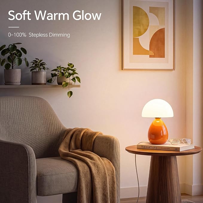 Mushroom Lamp Table Lamp for Bedroom-Small Desk Table Lamps,Orange | Ice Crackle 8.7" Mid Century Modern Table Lamps for Living Room Bedroom Decor,Ceramic Lamps for Home Room Decor,Glass Shade