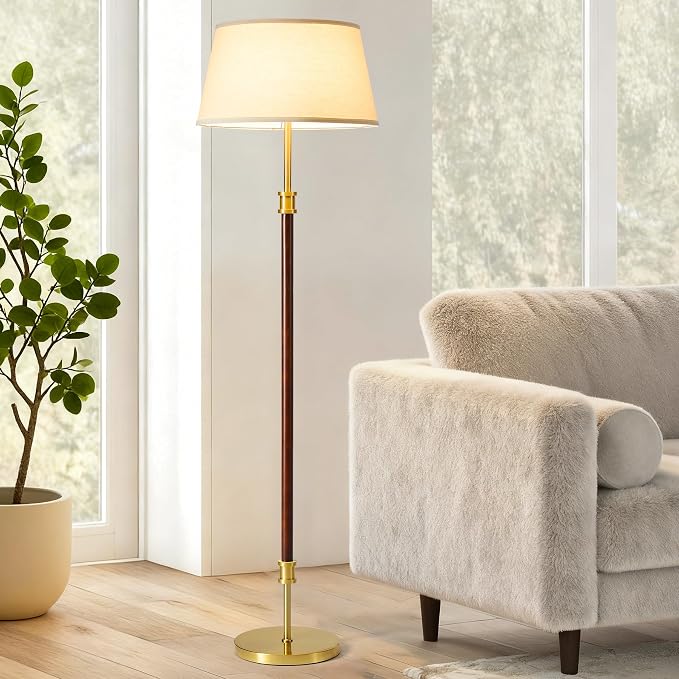 Modern Mid Century Wood Floor Lamp with Soft Linen Shade, 63” Tall Solid Wood & Brass Standing Lamp, Weighted Base, Warm Ambient Light for Living Room, Bedroom & Reading Corners (Solid Wood & Gold)
