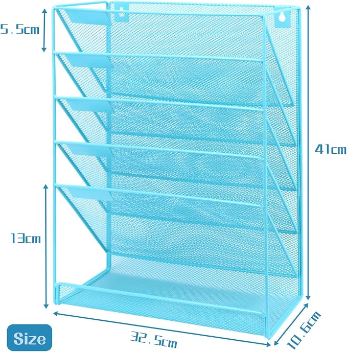 5 Pockets Mesh Wall File Holder Organizer with Bottom Flat Tray, Office Hanging File Folder Magazine Rack, Nametag Label Hooks Set Included, Blue